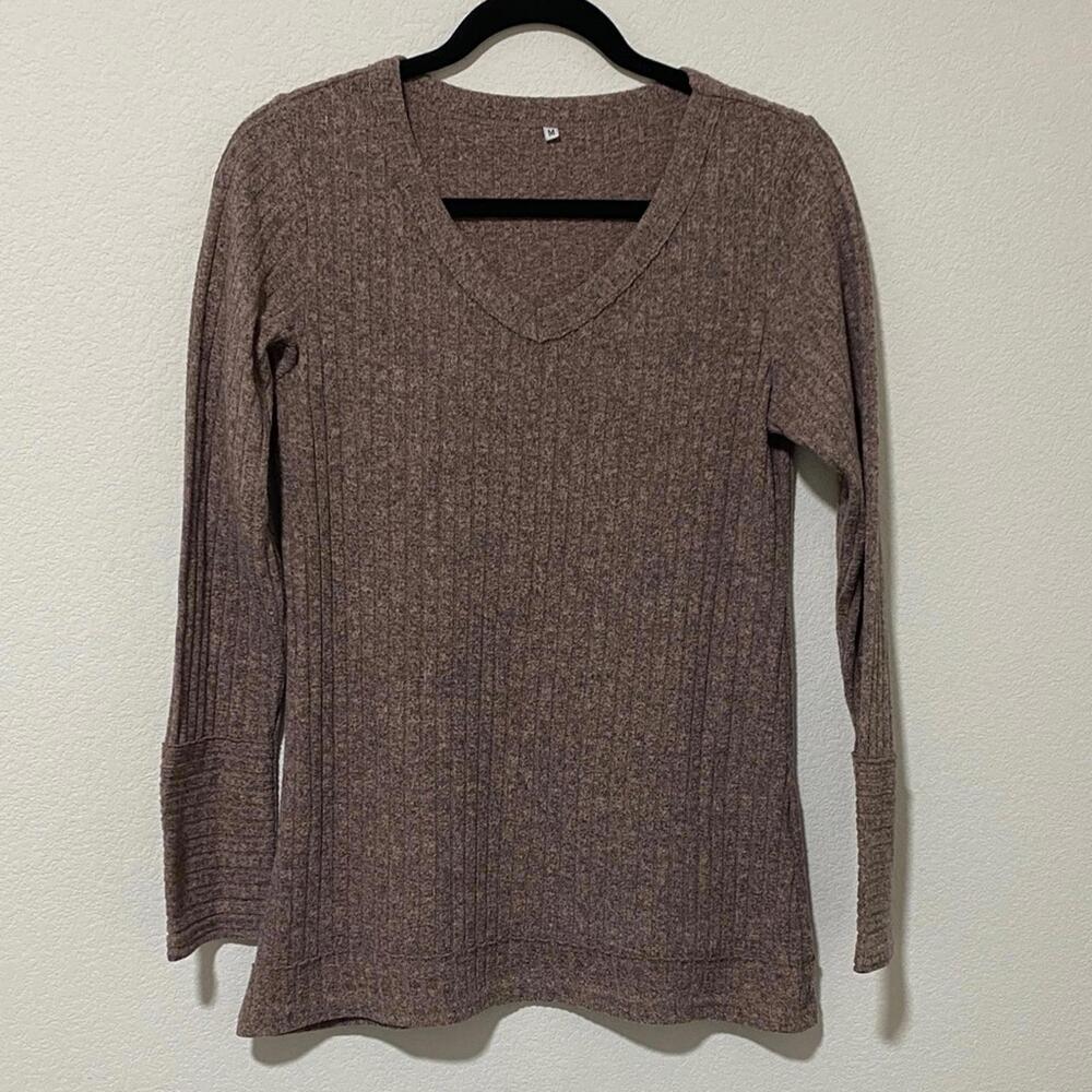 Brown V-Neck Ribbed Sweater Medium Top Long Sleeve Tee T-Shirt